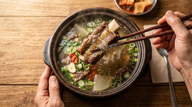 Galbitang Korean Beef Short Rib Soup with Daikon Glass Noodle | Clear Broth | K-Food Stock Photo