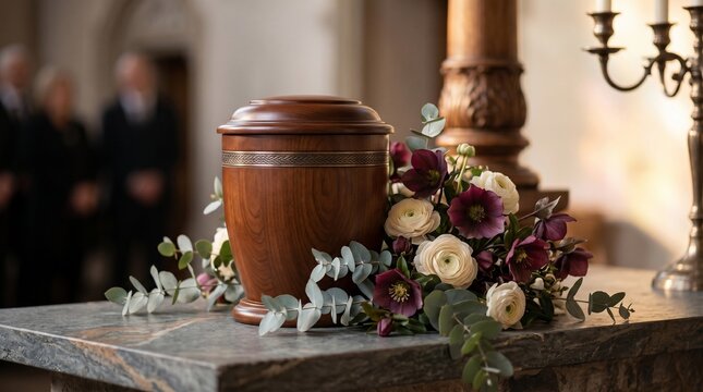 Wooden cremation urn decorated with floral arrangement on stone altar during a solemn funeral service in a dimly lit church