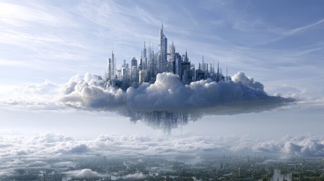 Futuristic City Floating on Clouds with Reflection Above a Cloud-Covered Metropolis