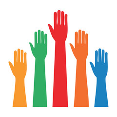 Obraz premium Diverse raised hands in various colors on white background