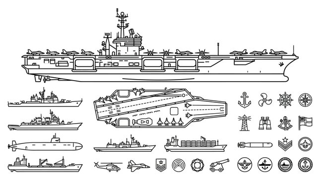 Detailed line drawings of various naval ships and military vehicle icons on a clean white background with a technical illustration style.