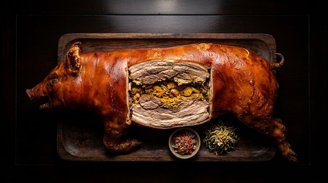 Balinese Babi Guling Roast Pork Carved | Traditional Indonesian Suckling Pig | Asian BBQ Stock Photo