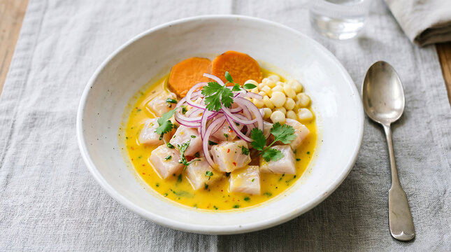 Vibrant Peruvian Ceviche with Aji Amarillo Leche de Tigre Red Onion Choclo and Sweet Potato
