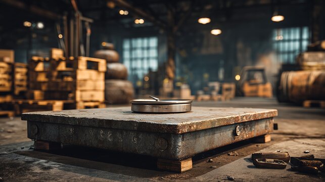 Industrial weighing scale inside warehouse environment with gritty textures and moody lighting, realistic logistics and manufacturing concept