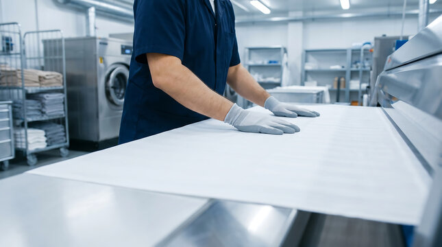 Male worker wearing gloves processing clean white sheets through a flatwork ironer machine in a modern professional industrial laundry service facility