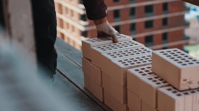 Worker stacking hollow ceramic blocks on building construction site