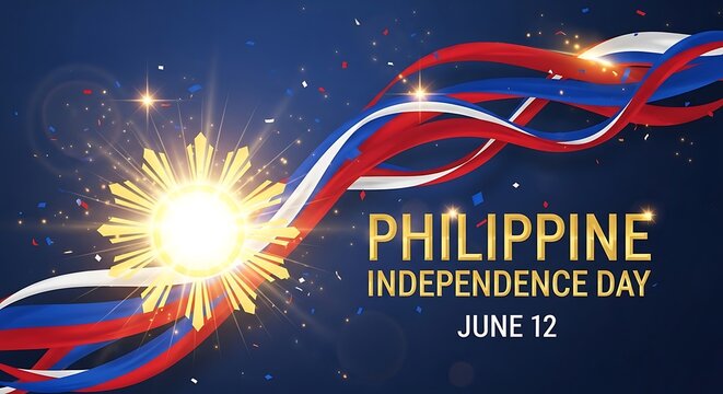 Philippine independence day celebration background with golden sun and waving ribbons