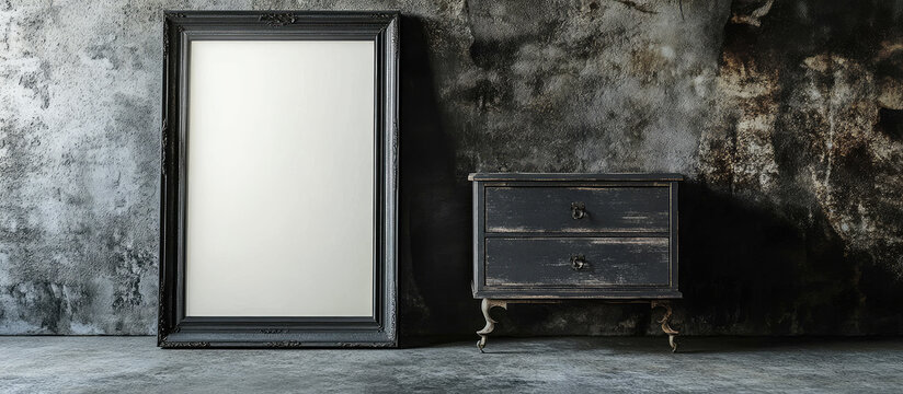 A large empty picture frame stands beside a small wooden chest in a dimly lit room with a worn stone wall and concrete floor.