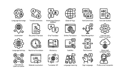 Black and white translation icons with language switch and multilingual communication symbols vector set © Mominul