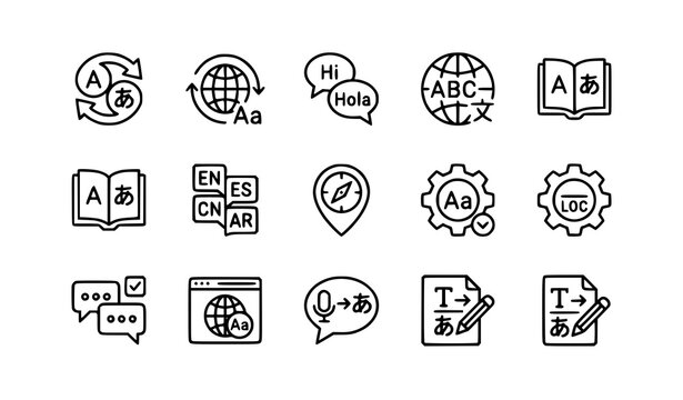 Language and translation outline icon set for multilingual websites and communication vector collection