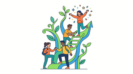 Fototapeta premium Illustration of diverse people climbing a stylized green and blue staircase with leaves, conveying growth and teamwork in a vibrant and playful style.