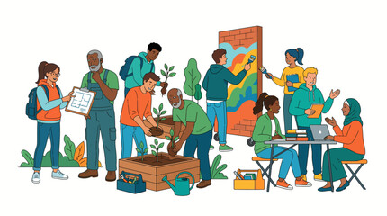 Illustration of a diverse group of people collaborating and planting trees in a community garden with a colorful mural in the background. © Muj