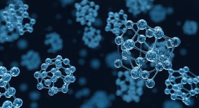 Intricate molecular structures with glowing blue nodes and connecting lines in a dark, futuristic scientific visualization.