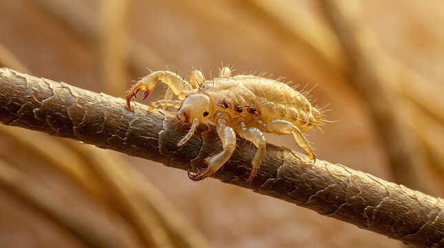 Close-up macro shot of a crab louse clinging to a human hair strand. Detailed view of a parasitic insect causing pediculosis