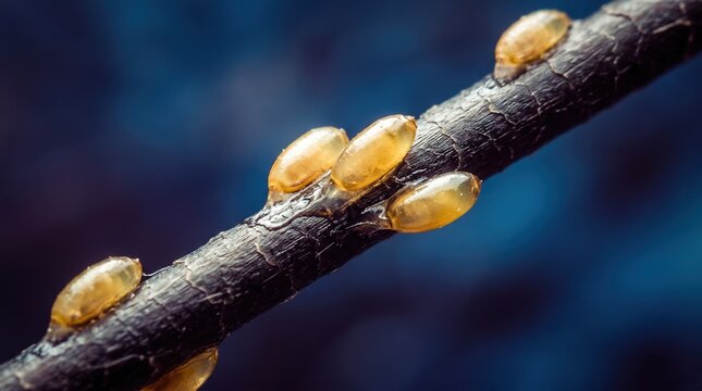 Macro photo of multiple nits (louse eggs) attached to a dark hair strand. Detailed close up of pediculosis infestation. Louse life cycle and hygiene concept