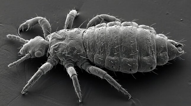 Scanning electron microscope image of a louse. Detailed view of a parasitic insect, highlighting its segmented body and claws. Scientific illustration of pediculosis