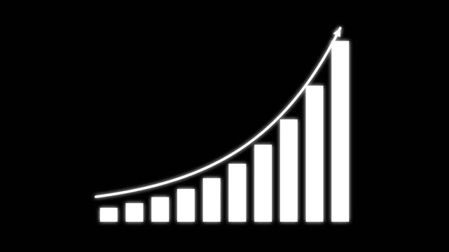White bar chart showing exponential growth with a rising arrow on a black background.