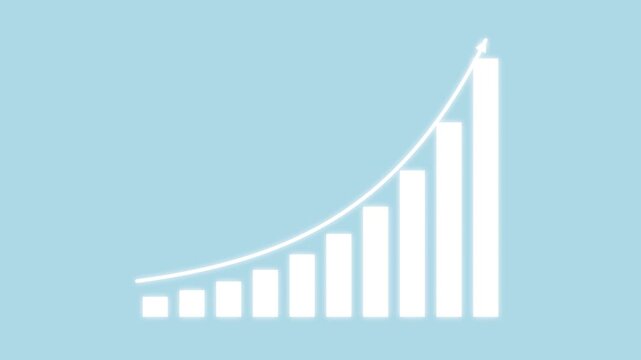 White growth bar chart with an upward arrow showing success on a light blue backdrop