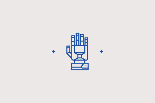 Metal bionic prosthetic hand arm line icon for robotic mechanics for future hardware tech retail. Practical vector illustration for cybernetic limb control systems, electronic component catalogs.