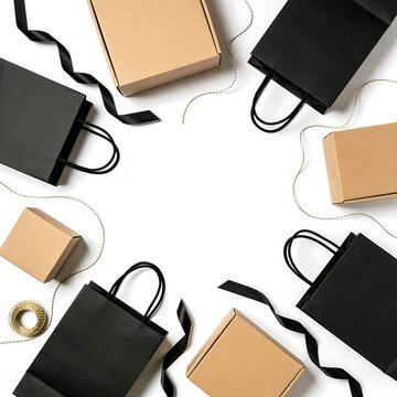 Shopping Bags and Cardboard Boxes Flat Lay with Copy Space