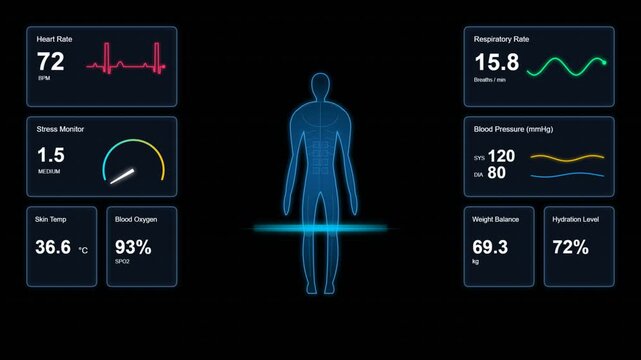 Medical health monitoring dashboard featuring human body scan and vital signs screen