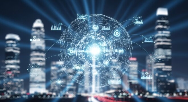 Futuristic cityscape at night showcases glowing network hub with skyscrapers and technology