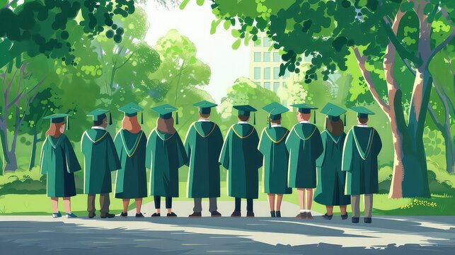 Generative AI illustration back view of group of students in green graduation gown and cap standing together on asphalt facing green lawn with trees