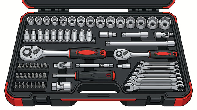 Open toolbox with various metal tools and equipment organized inside on a white background with a shallow depth of field.