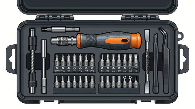 Open black toolbox containing various screwdrivers and bits on a clean white background with organized compartments.