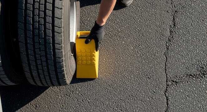 Person placing wheel chock under tire.