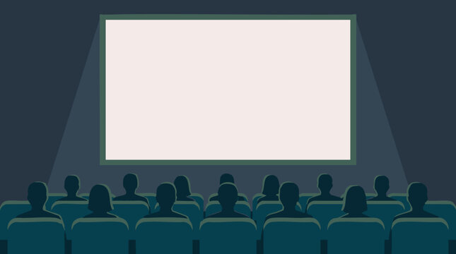 Audience watching blank movie screen in dark cinema