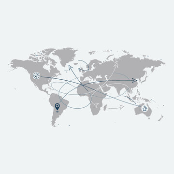 World map illustration with connected destinations and directional arrows