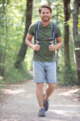 Obraz premium man wearing a backpack is walking in the woods