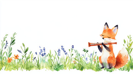 Naklejka premium Charming fox plays flute amidst colorful wildflowers in serene landscape, evoking sense of tranquility and joy