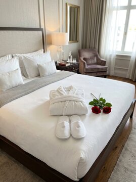 White bathrobe, slippers and red roses on hotel bed in bedroom.