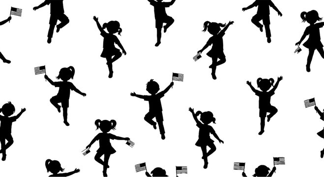 Silhouette dancing children with flags repeating pattern design.