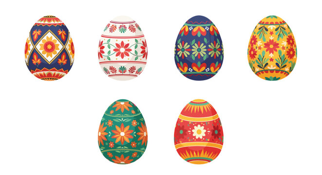 Set of six colorful decorated Easter eggs with various floral and geometric patterns presented on a clean white background.