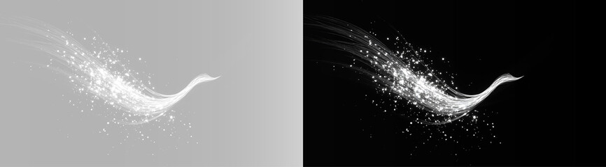 Obraz premium Abstract silver glitter wave in bird shape on gray and black background, glowing sparkly dust trail