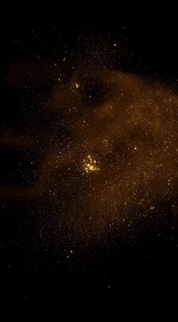 Golden Glitter Particles Swirling in Dark Abstract Smoke Cloud with Gentle Sparkle Light Effect