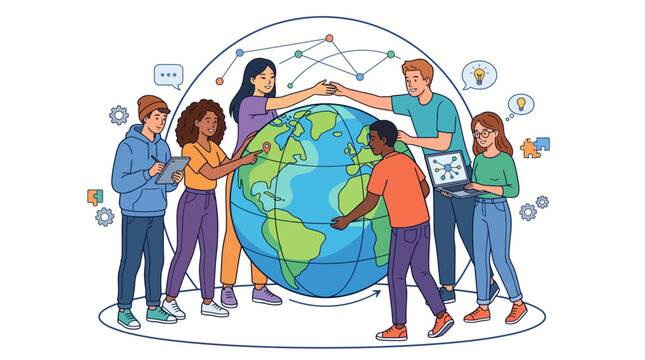 Illustration of diverse group of people standing around a large globe with thought bubbles and icons floating around them on a white background with a colorful and creative mood.