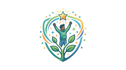 A cartoon man with arms raised stands on a plant with green leaves and blue stem surrounded by colorful star trails and dots on a white background. © MzBee