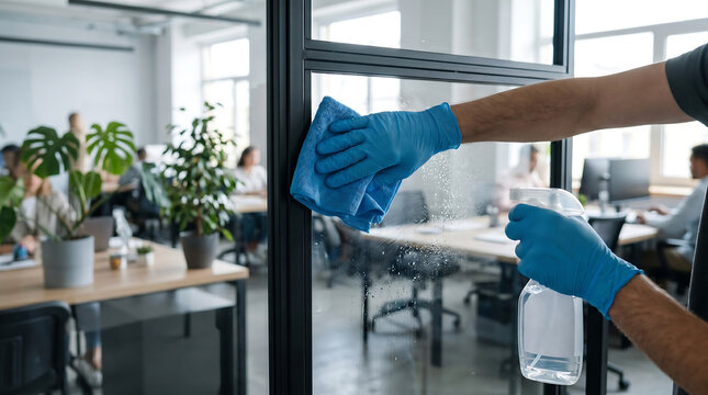 Close up of male hands wearing blue nitrile gloves spraying cleaner and wiping a glass partition wall with a microfiber cloth in a busy modern open space corporate office