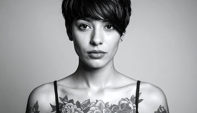 A woman with a short pixie cut and a floral top