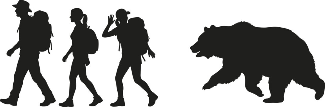 Silhouettes of hikers walking and a bear on a white background, animal