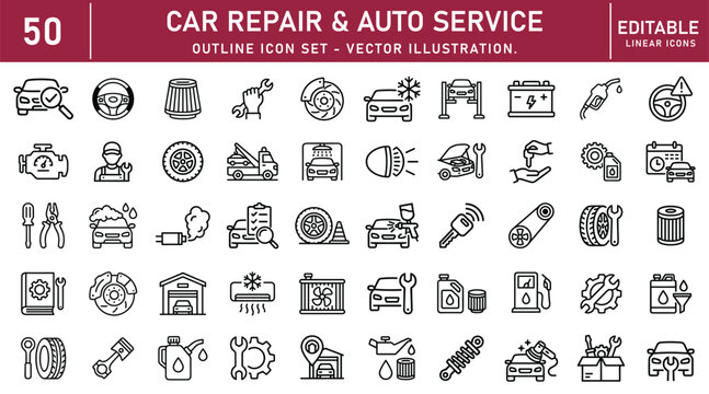 Car repair auto service outline icon set in line style. Vehicle maintenance, Mechanic tools, Automobile diagnostics, Garage service and Engine repair simple symbol sign. vector illustration.