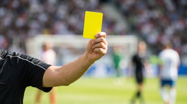 Referee holding up a yellow card during a soccer game in a stadium