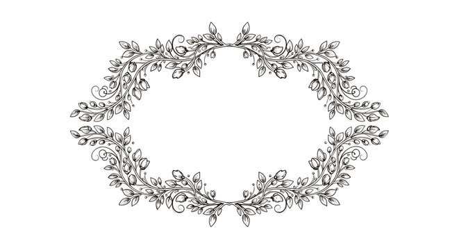 Elegant black and white floral frame with detailed leaves and flower buds creates a classic decorative border for invitations or formal stationary.