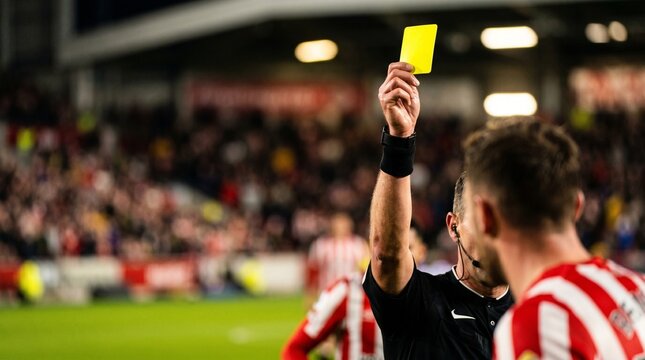 Referee holding up a yellow card during a soccer match with a player in the foreground