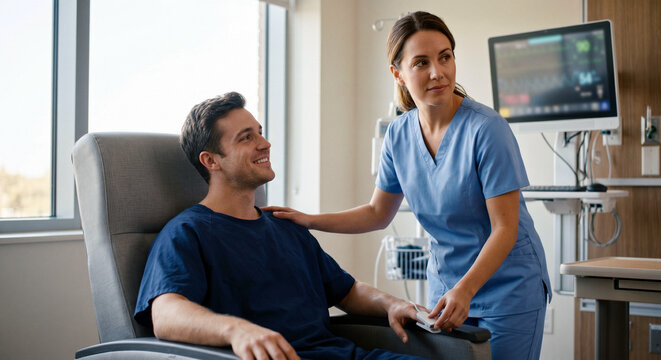 Smiling female nurse comforting a male patient wearing a blue gown and pulse oximeter in a modern clinic. Soft natural daylight creates a warm, optimistic atmosphere in a contemporary lifestyle style.