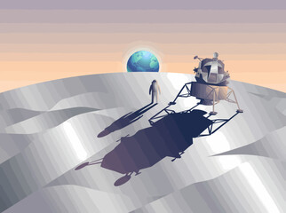 Astronaut and Lunar Lander on Moon Surface with Earth in Background © Gunawan